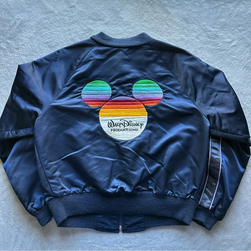 Vintage Walt Disney Productions Rainbow Mickey Satin Bomber Jacket L - Picture 1 of 12
